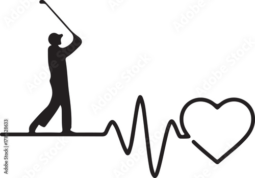 Vector art of golf player silhouette with heartbeat line