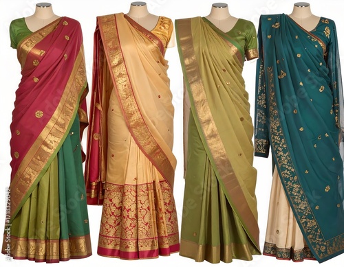Variety of colorful and patterned saris displayed