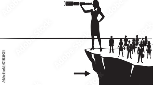 Businesswoman with telescope on cliff edge looking at distant horizon with team leadership