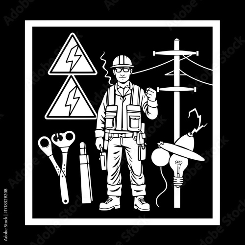 “Clean, stylized line art graphic showing elements of electrical work: utility pole, warning sign with lightning, power tower, electrician with hard hat, pliers, screwdriver and wrench, caliper, linem
