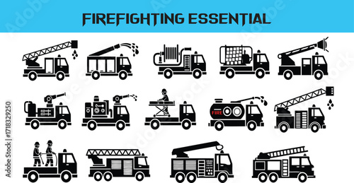 Collection of black silhouette firefighting trucks and equipment icons fire truck