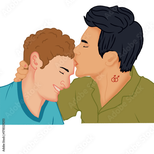 Loving couple ilustration, gay men romantic kiss on fore head with  gay simbol tattoo.