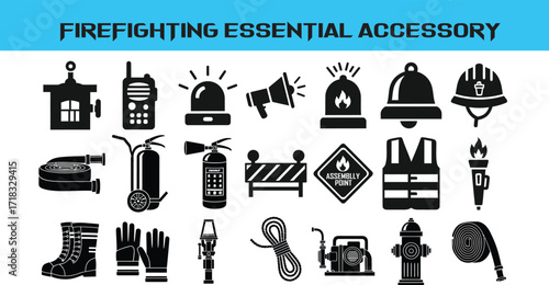 Firefighting Essential Accessories Collection Icons Set fire fighting emergency