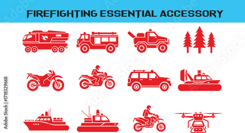 Red vector icons of firefighting vehicles boats motorcycles drone and trees fire truck