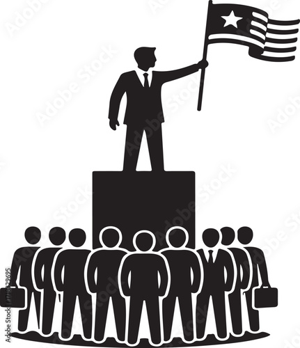 Leader holding flag on pedestal addressing a group of people leadership