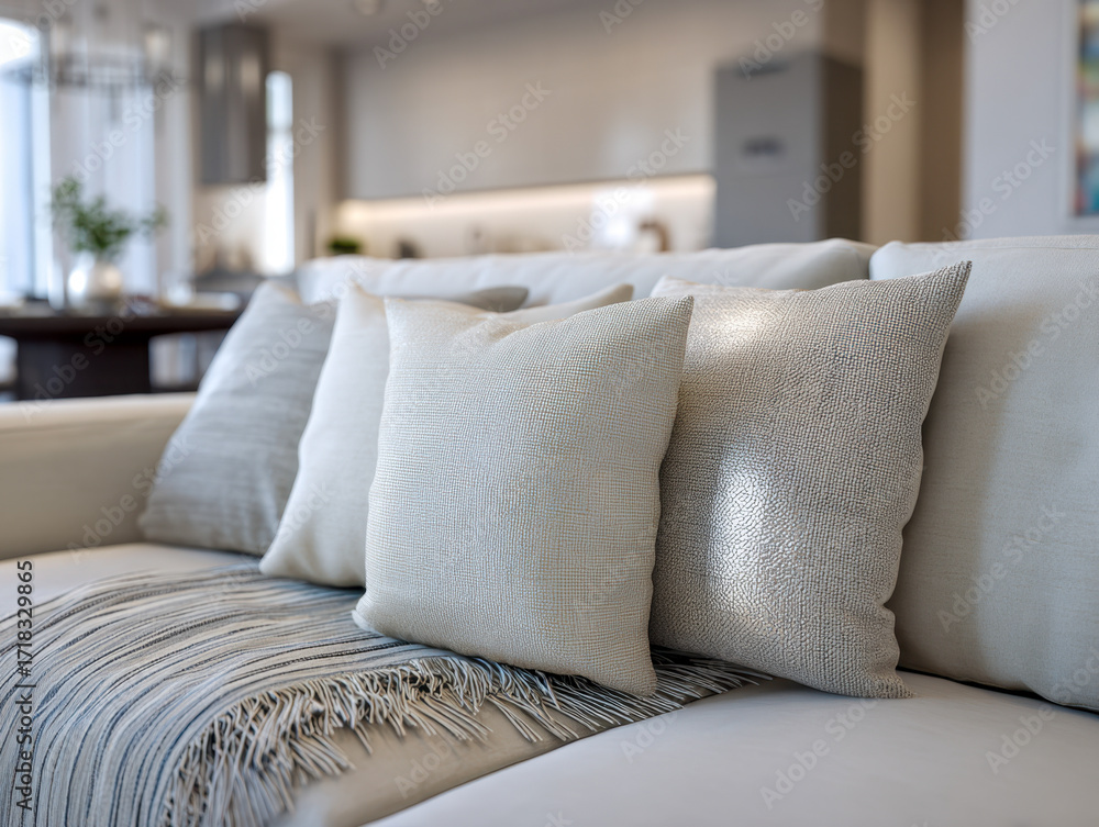 Obraz premium Cozy neutral-toned living room sofa adorned with soft textured pillows and a fringed throw blanket creating a warm and inviting atmosphere in modern home interior