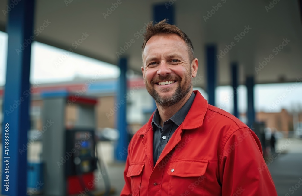 Obraz premium Middle-aged man, gas station employee, smiles warmly wearing red uniform. Stands near fuel pumps providing service to automotive clients during workday. Occupation as provider in retail fuel industry