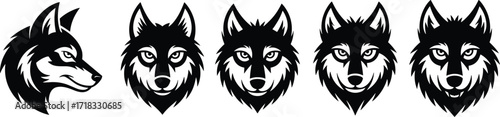 Wolf head illustration, wild animal logo design, fierce predator face, tribal wolf artwork, tattoo style drawing, mascot emblem, vector silhouette