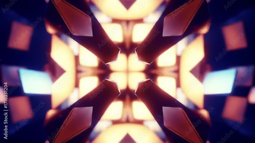 Abstract 3d animation of a kaleidoscopic tunnel with glowing orange and blue symmetrical shapes in a futuristic style
