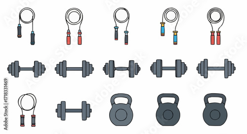 Gym, physical exercise vector fitness equipment workout gear dumbbells kettlebells jump ropes for strength training and cardio exercises at gym
