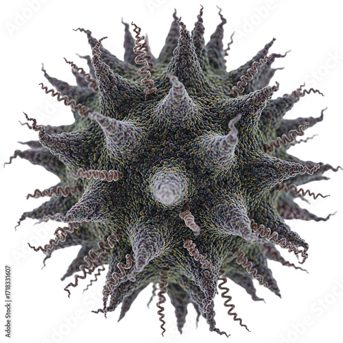 A highly detailed, close-up, 3D rendering of a pollen grain with intricate spiky structures and spiraling appendages.