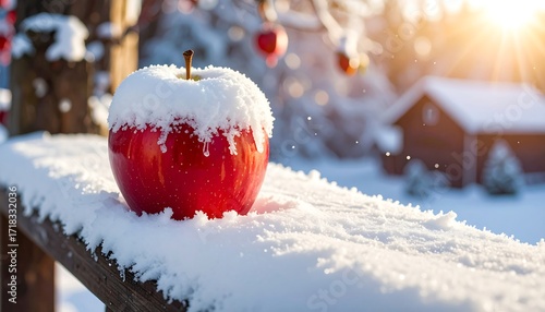 Red apple in snow on wooden fence