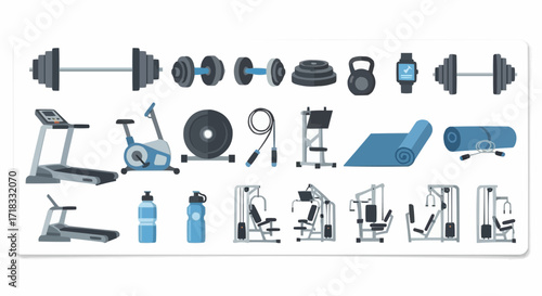 Gym, physical exercise vector gym equipment vector illustration featuring treadmill dumbbells weights and exercise machines for fitness training