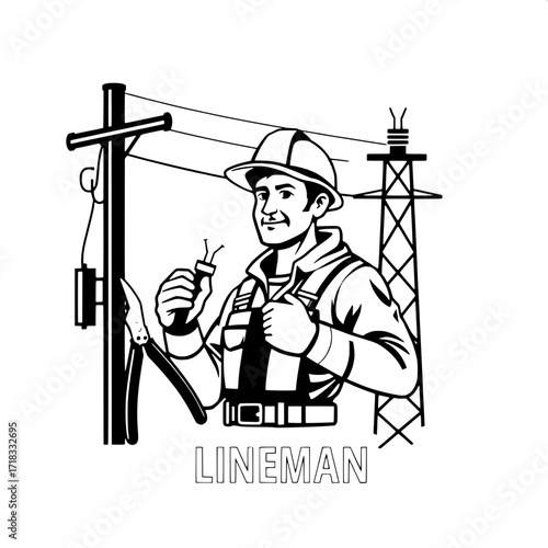 “Clean, stylized line art graphic showing elements of electrical work: utility pole, warning sign with lightning, power tower, electrician with hard hat, pliers, screwdriver and wrench, caliper, linem