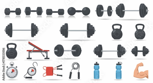 Gym, physical exercise vector fitness equipment vector illustration featuring dumbbells barbells kettlebells and other gym accessories design element