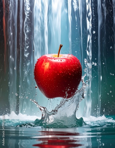 Red apple splashing in water, waterfall background