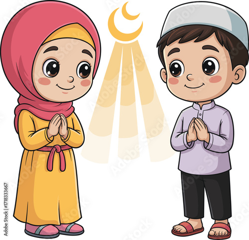 Cute Muslim children, a boy and a girl, with traditional clothes, happily extending their hands, a flat vector illustration