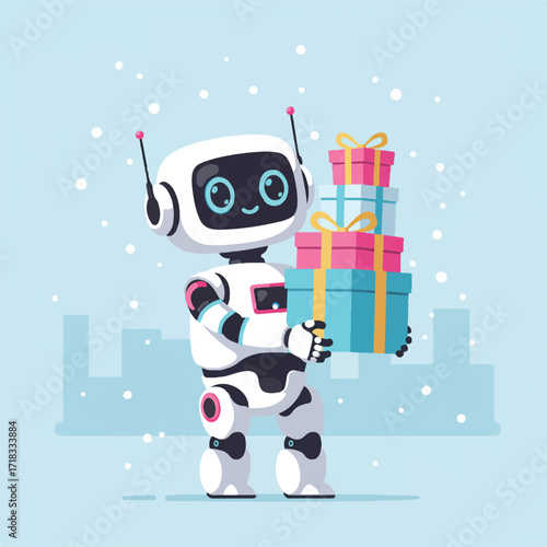 A white robot carries a stack of colorful gift boxes in a snowy landscape