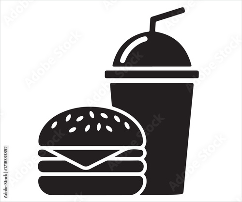 Silhouette of fast food combo meal icon with burger and soft drink cup symbol representing restaurant, snack, lunch, and takeaway isolated on white background