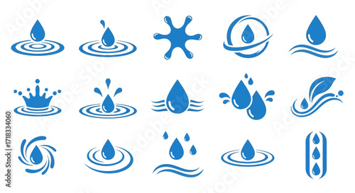 Water droplet, drop, dribble, splash and wave design elements, vector graphics, icons, and illustrations