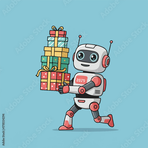 A white robot with red accents carries a stack of colorful gift boxes