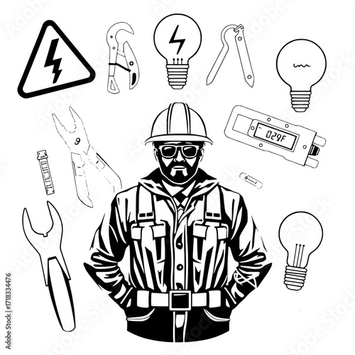 “Clean, stylized line art graphic showing elements of electrical work: utility pole, warning sign with lightning, power tower, electrician with hard hat, pliers, screwdriver and wrench, caliper, linem