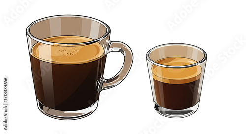 Morning coffee in bed illustration - Two glass cups with espresso and lungo with dark coffee on a transparent background, png