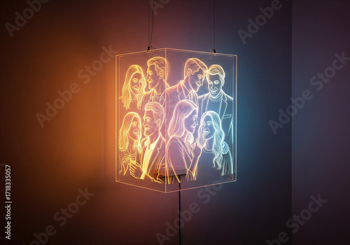  Holographic family portrait glowing on wall