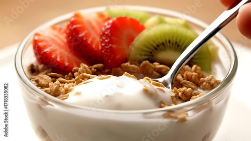 Delicious yogurt parfait with granola and fresh fruits