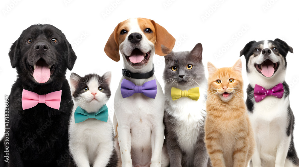 Fototapeta premium Group of dogs and cats wearing bow ties isolated on transparent background