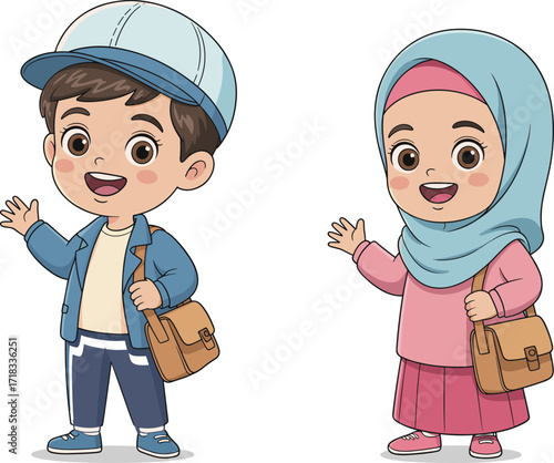 Two cute student children, a boy and a girl wearing a hijab, waving and smiling, representing diversity and friendship, a flat vector illustration