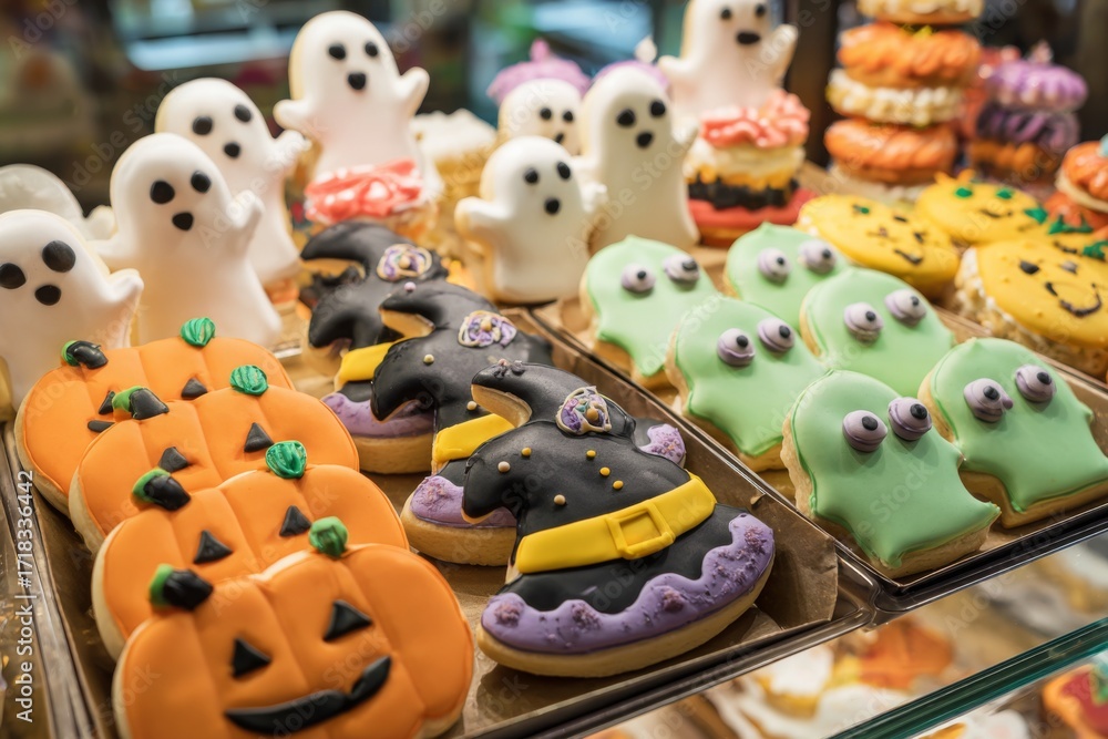 Naklejka premium A variety of Halloween-themed cookies are displayed at a bakery. The treats feature colorful designs like ghosts, pumpkins, and witches, capturing the festive spirit of the holiday