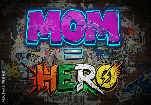Cyberpunk street art graffiti “MOM = HERO”