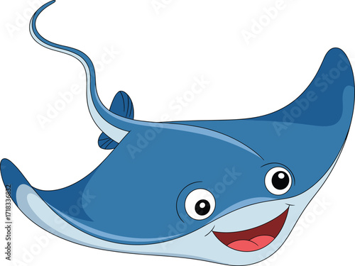 Cute blue stingray cartoon character with a happy smile, swimming underwater, representing marine life and ocean animals, a flat vector illustration