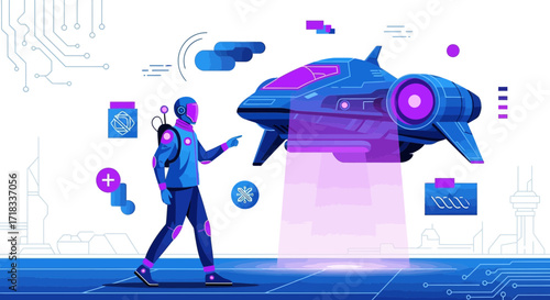 Futuristic astronaut and spacecraft illustration conveying themes of innovation and space