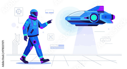 Futuristic astronaut pointing at a flying spaceship with advanced technology elements illustration