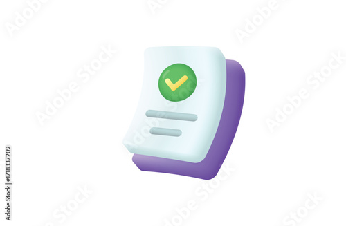 3d cartoon style document with green tick icon. approved contract, agreement or sheet of paper with checkmark flat vector illustration. information, success, paperwork concept