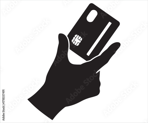 Silhouette of hand holding credit card icon representing banking, finance, shopping, payment, and digital transaction isolated on white background
