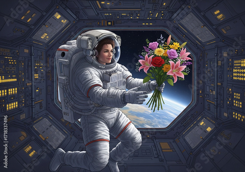 Astronaut mother receiving flowers in space capsule