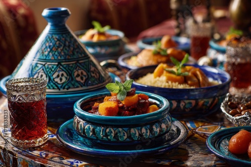 A colorful Moroccan meal features tagine filled with meat and vegetables, served alongside couscous and sweet fruit on an ornate table. Mint leaves add freshness to the dish