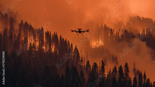 Drone flying over a forest fire at dusk with smoke and flames illuminating the trees