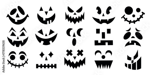 Halloween pumpkin faces set with a variety of scary and happy expressions. Vector flat illustration with funny, and scary eyes and mouth.