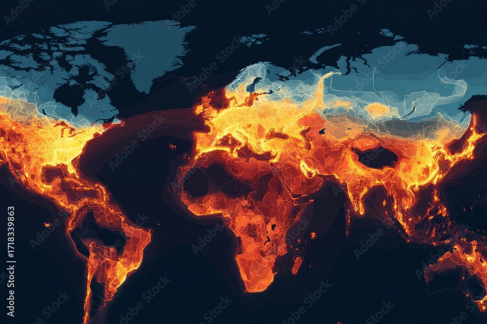 Fototapeta premium Global heat map illustrating temperature variations across continents in vibrant colors and detailed patterns