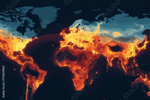 Global heat map illustrating temperature variations across continents in vibrant colors and detailed patterns