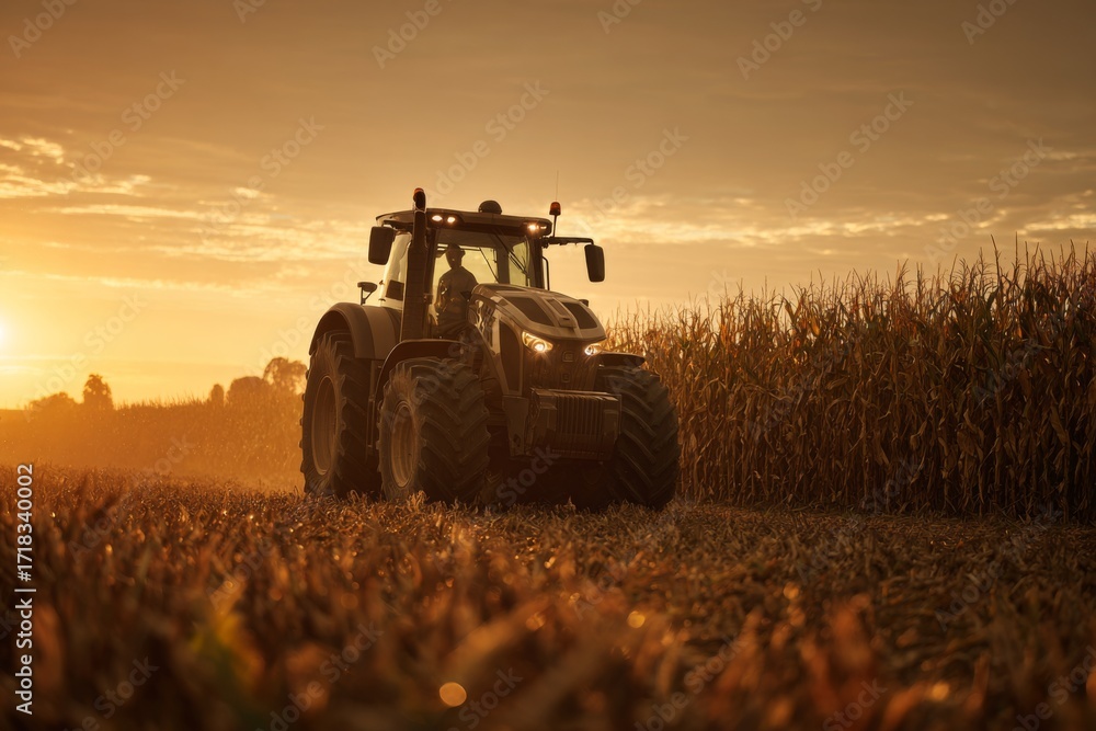 Fototapeta premium A tractor drives through a cornfield as the sun sets, casting a warm golden light over the crops. The scene captures the essence of rural farming life and hard work