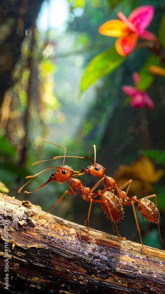 Naklejka premium Two red ants on a log in a lush forest