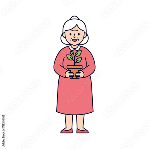 Aged Hand with Green Plant: An illustration capturing an elderly person's nurturing love and care with a pot of green plant. Emphasizing the beauty of nature and the gentle touch of the elderly.