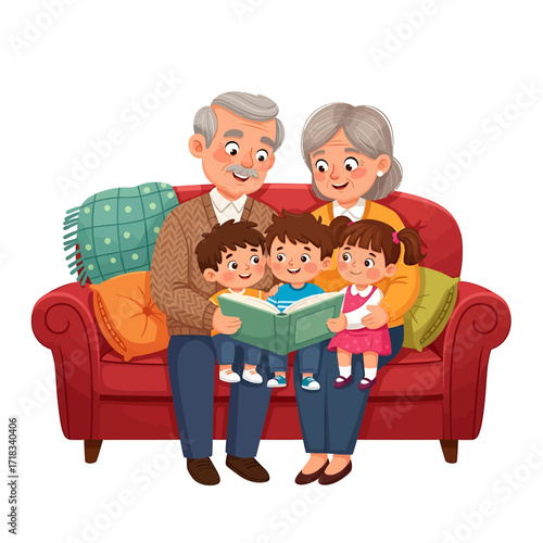 A Family Tale: A heartwarming illustration captures the bond of a multigenerational family sharing a book and creating memories in a cozy living room.