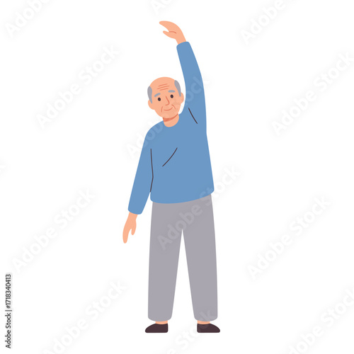 Gentle stretch of Elderly Man: A healthy elderly man demonstrates the art of stretching. Capturing his commitment to fitness and his joyful participation in maintaining physical fitness.