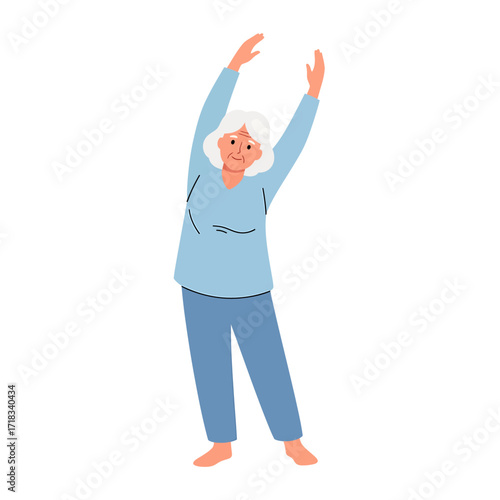 Active Senior Exercise: An elderly woman performs a gentle stretching routine, embodying the vitality of senior fitness and healthy aging, against a clean, uncluttered backdrop.